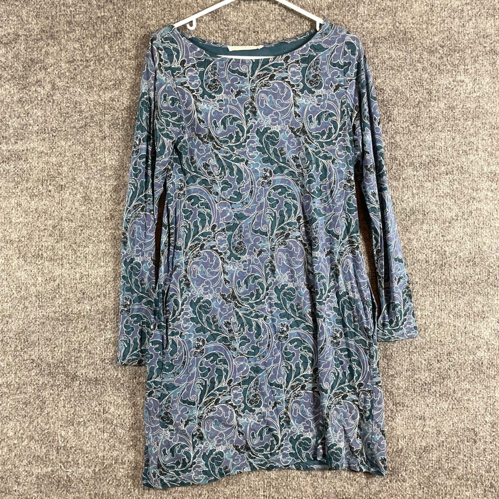 Peruvian Connection Dress Womens XS Blue Pima Cotton Long Sleeve Floral Tropical